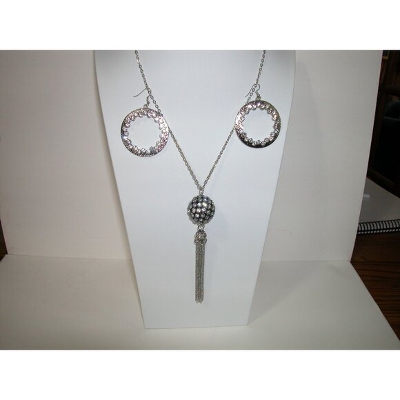 Silver Rhinestone Ball Tassel Necklace & Hoop Earrings Set - Picture 1 of 6